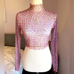 For Love & Lemons Nadia Sheer Turtleneck Crop Top Size S